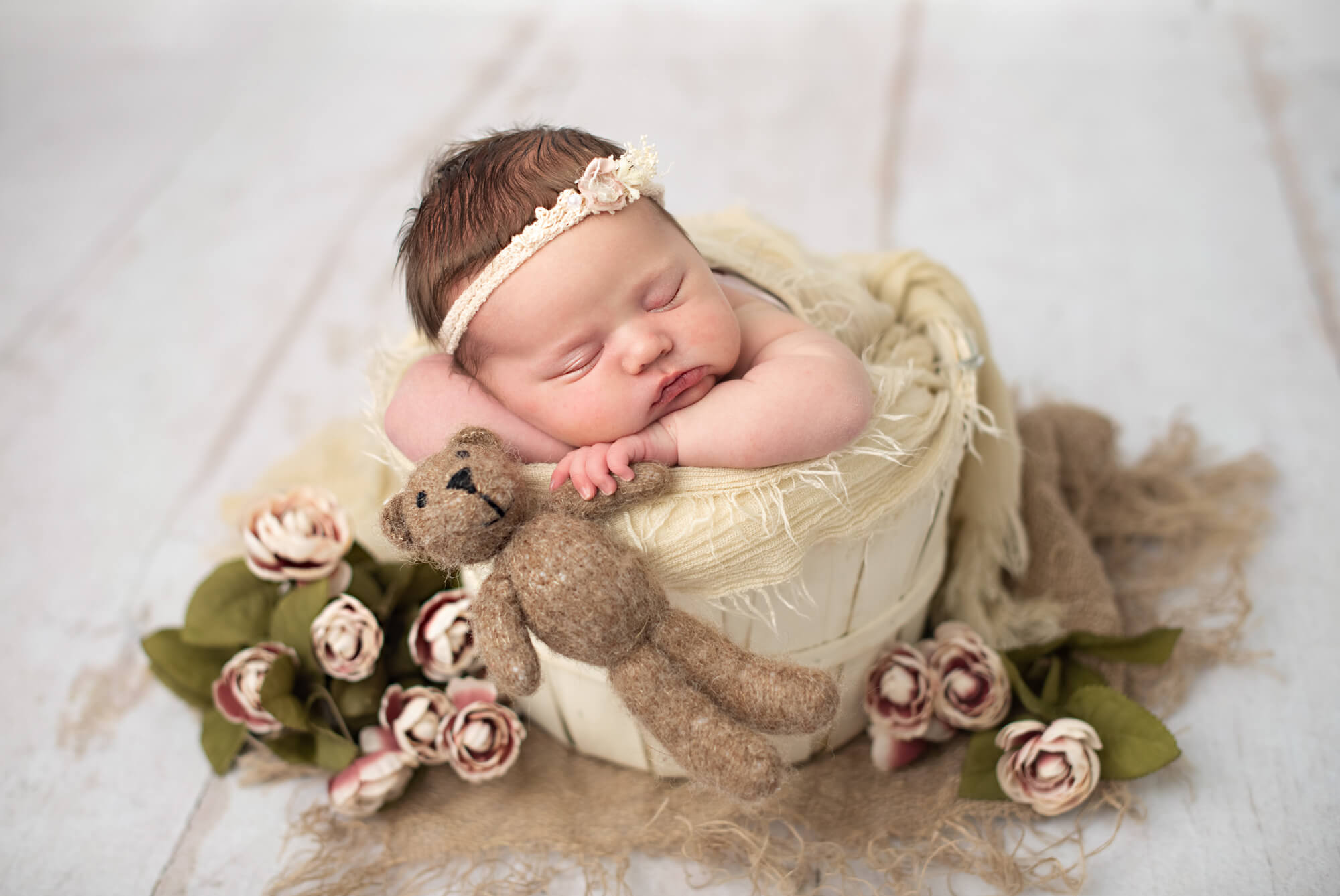 newborn baby laying in a basket holding a teddy bear Edmonton Baby Stores
