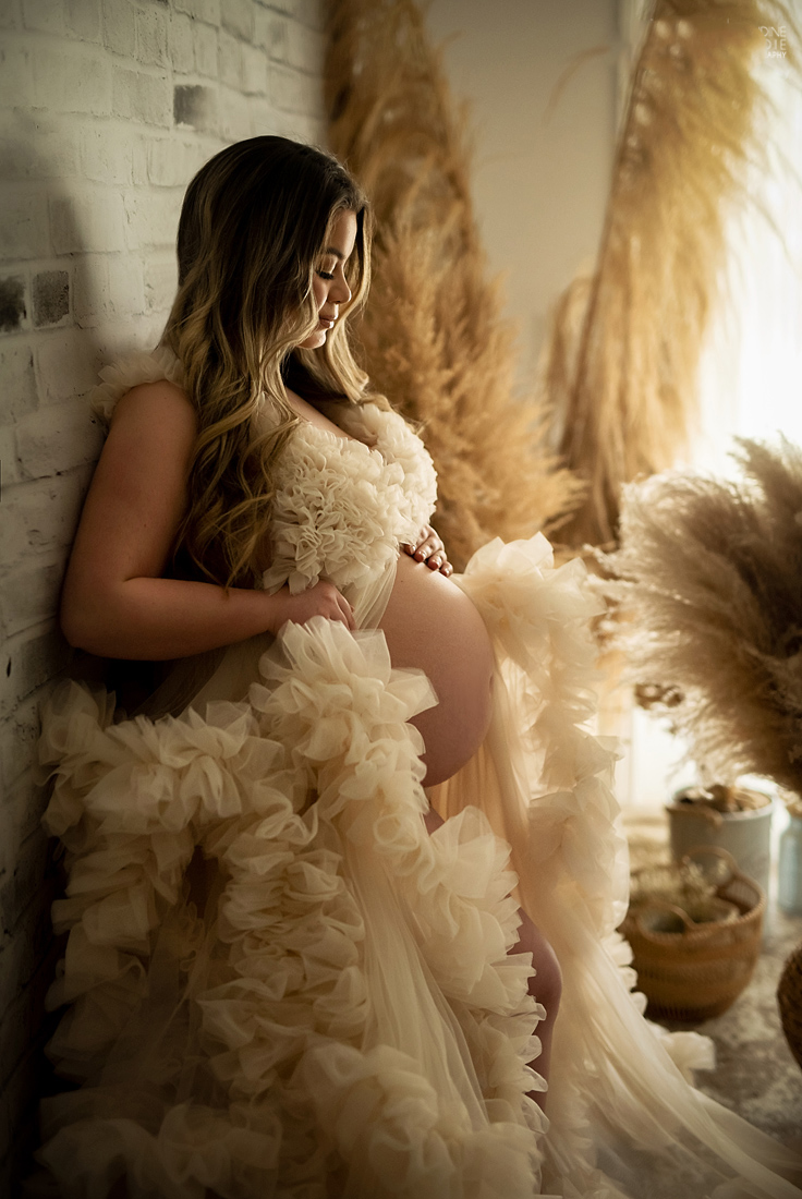 Expectant mother in tulle dress in window light